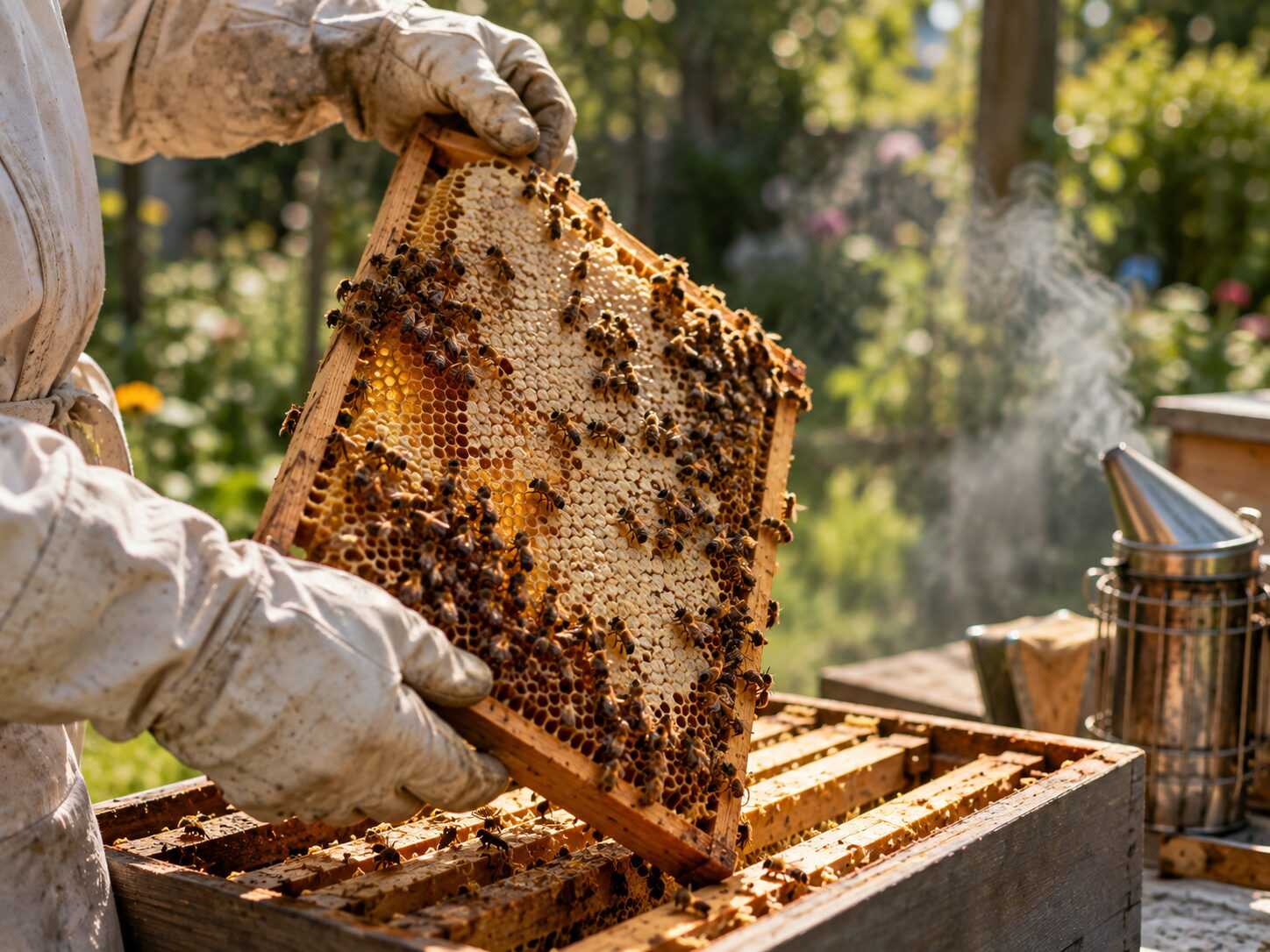 Cadre de ruche couvert d'abeilles tenu par des mains gantées